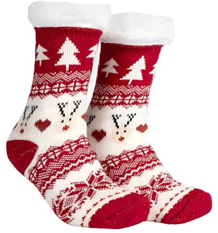 AEKZOX Calcetines Navideños Antideslizantes para Mujer y Hombre, Calcetines Suaves y Cálidos, Perfectos como Regalos, Rojos