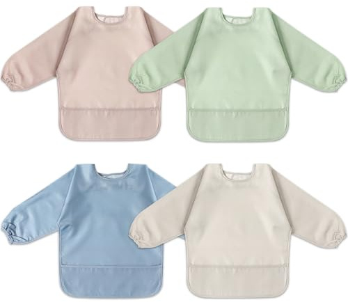 POIKSHARK 4 Pack Long Sleeve Bib, Reusable Bib with Catch-all Pocket, Waterproof Sleeved Smock for 6-30 Months Baby Boy or Girl - Blue