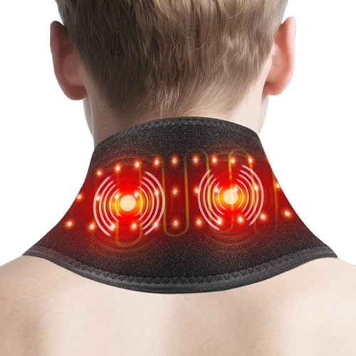 Coussin chauffant sans fil avec masseur et lumière rouge, masseur chauffant pour les douleurs cervicales, 3 niveaux de chaleur et 3 niveaux de vibration, enveloppement chauffant pour le cou avec