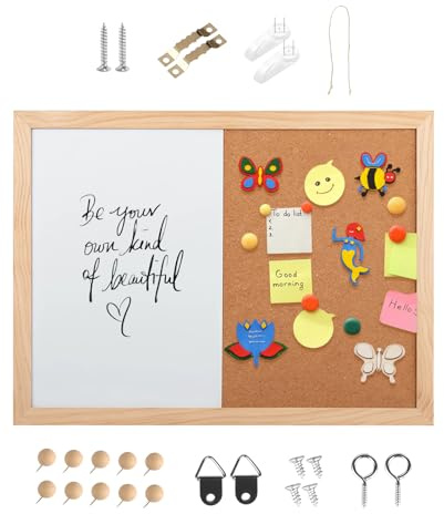 Corkboard & Whiteboard Set, Magnetic Bulletin Board with Solid Wood Frame | Mounting Hardware | Whiteboard Markers & Eraser | Vision Boards & Notice Boards in Offices Classrooms Homes