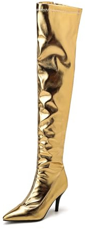 TNMIUH Bottes Femme Cuissardes Métallisées à Talon Aiguille 8cm, Bout Pointu, Or et Argent, Défilé de Mode, Discothèque,d'or,39 EU