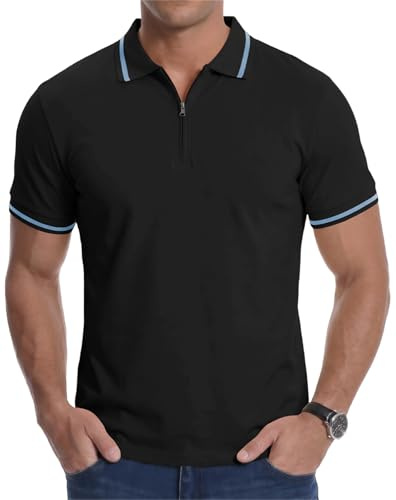 Focixfor Men's Polo Shirts Short Sleeve Quarter Zip Summer Casual Golf Striped Cuff Top T-Shirt