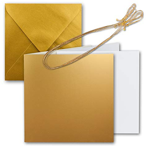 GUSTAV NEUSER Juego de 10 tarjetas plegables cuadradas de 15 x 15 cm, con sobres, hojas de inserción y cinta para joyas, dorado metálico, para tarjetas de invitación, boda, Navidad