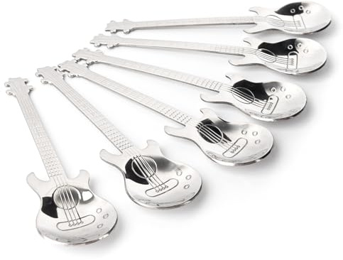 Framendino, Confezione da 6 cucchiaini da dessert a forma di chitarra, in acciaio inox, per espresso, caffè, caffè, musicali, per mescolare e bere