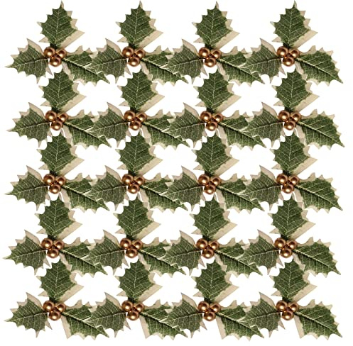 30 Pcs Artificial Holly Leaves with Berries Holly Leaves and Berries for Craft Christmas Decorations Flowers Holly Cake Decorations Wrapping Accessories Gift Wrap Accessories Gift Present Toppers