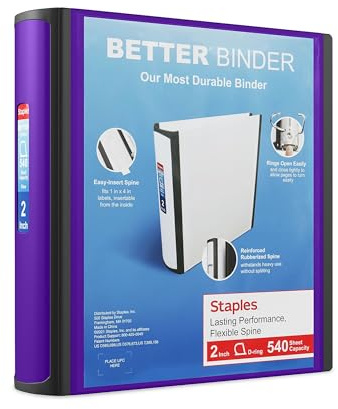 Staples Better Binder, 2 Heavy‑Duty D‑Ring 3‑Ring Binder, Purple, Reinforced Spine, 540‑Sheet Capacity, Durable for School, Office & Filing, 2‑Pack