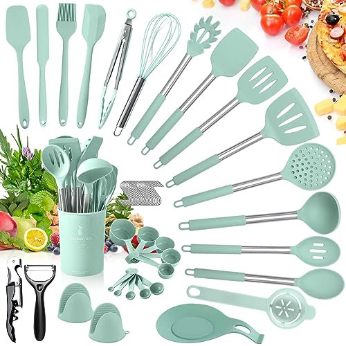 YUTUY Set di Utensili da Cucina in Silicone,51pcs, con 20 Ami, Manico in Acciaio Inossidabile resistente al calore,per Padella Antiaderente