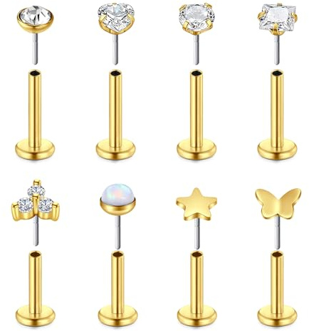 AVYRING Orecchini per trago con retro piatto, 16 G, 6 mm, 8 mm, argento e oro, in acciaio inox, senza filettatura, set con stella, farfalla, luna, cuore, zirconia cubica per cartilagine, labret,