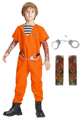 IKALI Fånge kostym barn, 4 st fällande overall rånare fin klänning fängelsedräkt för halloweenfest cosplay 4-6 år