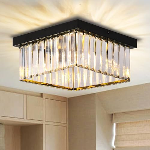 Cainjiazh 9,8“ Kronleuchter Kristall Deckenleuchte Halterung Flush Mount Deckenleuchte E26 Quadratisch Moderne Kristall-Kronleuchter für Wohnzimmer Flur Esszimmer Schlafzimmer Küche（Schwarz）