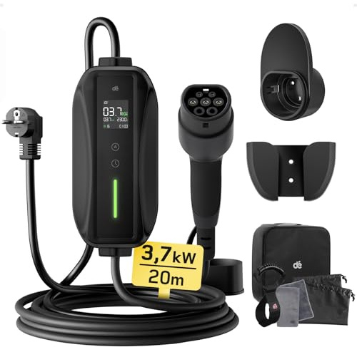 dé Laddkabel typ 2 schuko 3,7kW 20m för Elbilar | Elbilsladdare Typ 2, justerbar laddström 6–16 A, schemalagd laddning 0,5–8 h, IP66, RCD Typ A 30 mA AC + 6 mA DC