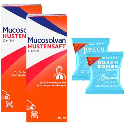 MUCOSOLVAN® Hustensaft 30 mg/5 ml, 2 x 100 ml, mit Ambroxol, Schleimlöser bei Husten, mit 2 Duschbomben