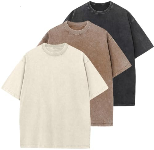 3 Pcs Oversized Heavy Cotton Summer T-Shirts Vintage Unisex Short Sleeves Casual Loose Basic Tops(Beige+Coffe+Black M)