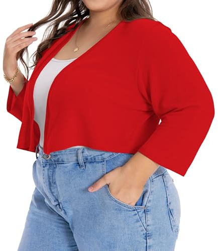 florynova Women Plus Size Shrug Cropped Knit Cardigan Half Sleeve Open Front Bolero Tops(Red,3XL)