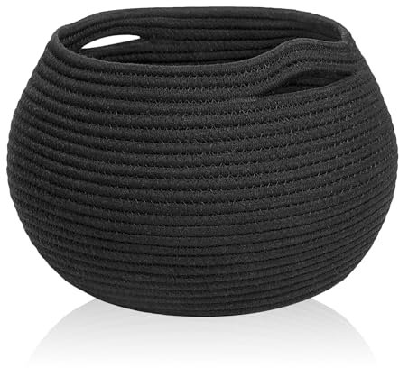 Aufbewahrungskorb, Korb Geflochten, Korb Baumwollseil Geflochten mit Griffen Geflochten für Baby Spielzeugaufbewahrung, Wäsche, Handtuch, Toilettenpapier Aufbewahrung, Rund, Schwarz