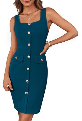 GRACE KARIN Vestido de cóctel elegante para mujer, sin mangas, escote cuadrado, botones con cinturón, para negocios, trabajo, oficina, formal, vestido envolvente, minivestido con cinturón, azul pavo