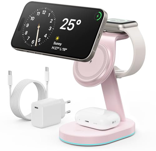 3 en 1 Chargeur Induction, Qi2-Certifié 15W Station de Charge Rapide Mag-Safe Chargeur sans Fil avec 30W Prise USB C et Veilleuse pour iPhone 16/15/14/13/12 Série, Apple Watch, Airpods etc - Rose