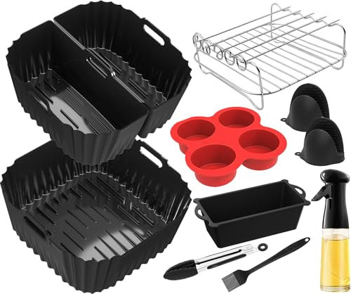 Heißluftfritteuse Zubehör XXL Set, Quadrat Airfryer Zubehör für Russell Hobbs 8L/8.3L, Philips Airfryer XXL 7,2L/8,3L, COSORI 6L/6,2L/6,4L Luftfritteuse Mit Grillrost Silikonform Einsatz