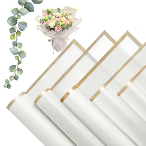 MtnLaur Papel para Ramos de Flores 20 Hojas, Papel de Envoltura para Ramos y borde dorado, Papel Coreano para Flores Impermeable, para Manualidades DIY Bodas Cumpleaños Regalo (Blanco)
