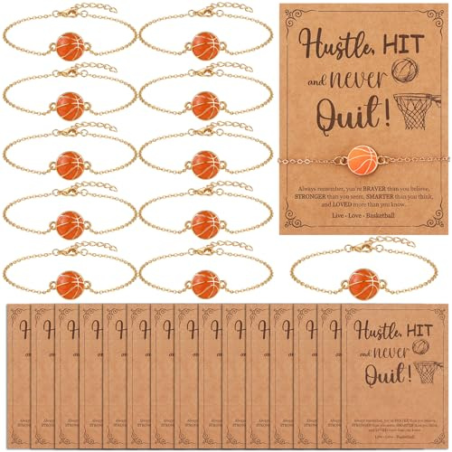 AIOMOB 12 Sets Sports Charm Bracelets Gifts Gold Plated Link Chain Bracelet Basketbal Team Inspirational Cards Party Favor for Women Players