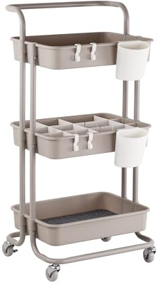 Relaxdays Rullvagn, 3 våningar, serveringsvagn, köksvagn för badrum och kontor, rullhylla, HBT: 86 x 43 x 36 cm, pysselvagn, beige
