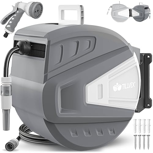tillvex Carrete de manguera de agua con soporte de pared + asa, enrollador de manguera con ducha de mano y manguera de jardín, giratorio 180°, caja de manguera de pared con enrollador automático (gris