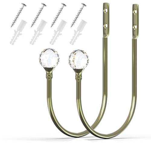Shackcom 2 Piezas Soportes para Cortinas Decorativos con Cristal, Latón Antiguo, Ganchos de Pared para Cortinas, Sujetadores para Cortinas, Accesorios para Decoración del Hogar