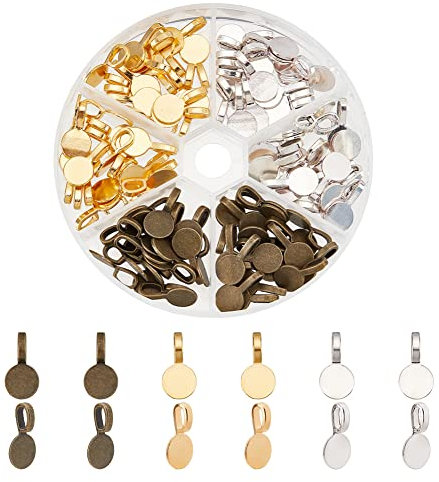 PandaHall Elite 1 Box 108Pcs flache Runde tibetischen Stil Legierung Kleber auf Pad Bails Anhänger Cabochon Schmuckzubehör, 18x10x5.5mm, Loch: 6x3.5mm, Golden/Silber/Bronze