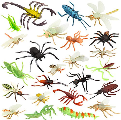 Pinowu Kunststoff Realistische Wanzen und Insekten (24 Stück), 3-8cm Fake Bugs - Gefälschte Spinnen, Kakerlaken, Skorpione, Mantis und Würmer für Bildung und Weihnachtsfeier Gefälligkeiten