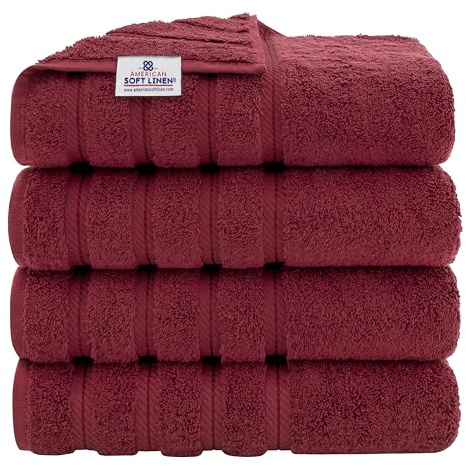 American Soft Linen, 4 Piece Bath Towel Set, 100% Turkish Cotton 27 in 54 in Bath Towels for Bathroom, Soft Absorbent Bath Towels Extra Large, Hotel Quality Quick Dry Shower Towels, Burgundy Red