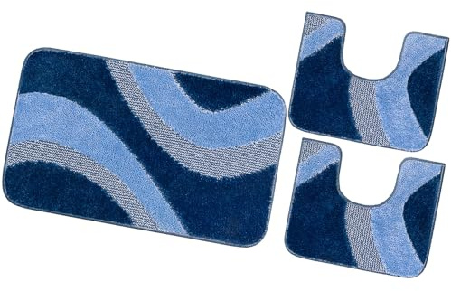 emmevi Tappeto Bagno Moderno Parure Set 3 Pezzi Morbido Soffice Shaggy Antiscivolo Lavabile Blu