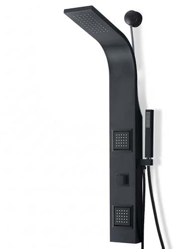 ANZZI Aura 2-Jetted Shower Panel with Heavy Rain Shower & Spray Wand in Matte Black | Waterfall Shower Head Multi Function Shower Tower | Easy Retrofit Design for DIY Installation | SP-AZ078MB