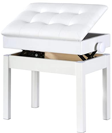 Sgabello regolabile per pianoforte con gambe in legno massello, sgabello per pianoforte regolabile con contenitore in pelle PU cuscino sgabello per pianoforte (bianco)