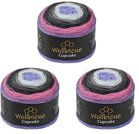 Cupcake, 3 gomitoli di lana da 150 g, 450 g, per lavorare a maglia e all'uncinetto, per bambini, lana turca, colore sfumato (lilla, antracite, lilla 2170)