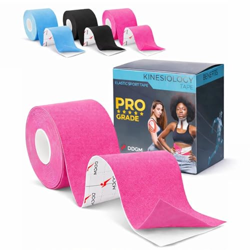 KinesioTape Professionale 5cm x 5m Idrorepellente Tape Kinesiologico in Cotone Traspirante Latex Free Colla Ipoallergenica Elasticità 140%-160% Cerotto Ginocchio e Articolazioni 1 Roll Rosa