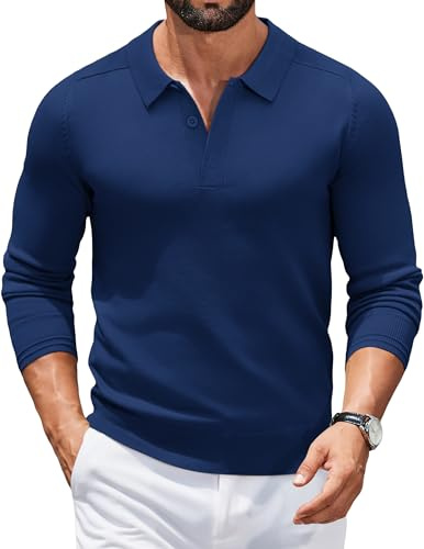 COOFANDY Men's Polo Jumpers Long Sleeve Poloshirts Knitted Winter Sweater Polo Pullover Sweatshirt Casual Navy Blue L