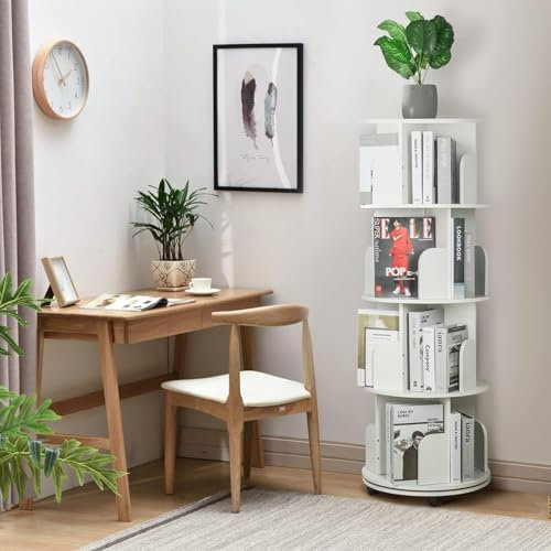 Drehbares Bücherregal 4 Stöckig Massivholz Drehbares Bücherregal,Standregal Büroregal Dekoregal 360° frei drehbar Bücherregal mit Rädern Multifunktionales Lagerregal für Kinder und Erwachsene,Weiß