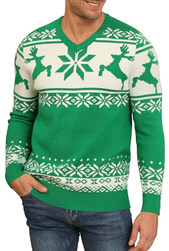 KUYIGO Jersey Liso con Cuello en V para Hombre, Ajustado, de Punto, Casual, de Manga Larga, Suave, cálido, para Trabajo, Oficina, Inteligente, Tallas S-XXL, Verde navideño., M