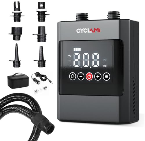 CYCLAMI Electric SUP Pump 20PSI,Rechargeable Electric Paddle Board Pump 12000 mAh,Portable SUP Air Pump, Dual Stage Inflation & Deflation,for Paddle Board,Kayak,Wing & Kite,Tent,Boat,Mattress