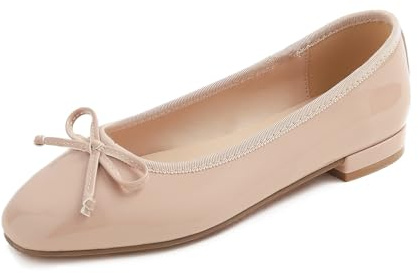 FEVERSOLE Women's Square Toe Low Heel Bow Tie Dress Pump Shoes Nude Patent Size 7.5 M US