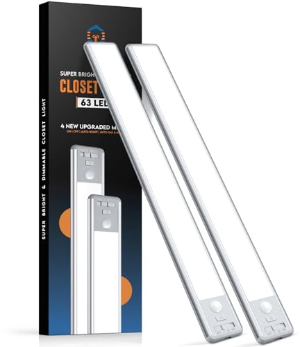 BLS 14.8inch Under Cabinet Lighting, 63 LED Closet Lights, 2500mAh USB C Rechargeable Under Cabinet Lights, Battery Operated Lights, Motion Sensor Light Indoor, Magnetic Night Light for Kitchen 2 Pack