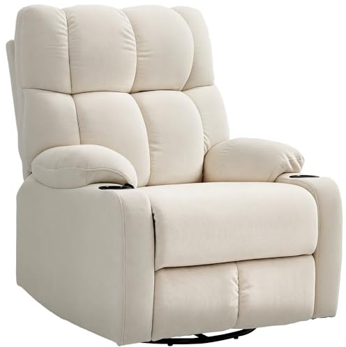 HOMCOM Fauteuil de Relaxation Fauteuil TV avec Fonction Couchage, Fonction balancelle, pivotant Fauteuil TV avec Repose-Pieds, Ressorts ensachés et Porte-gobelet, pour Le Salon, Beige