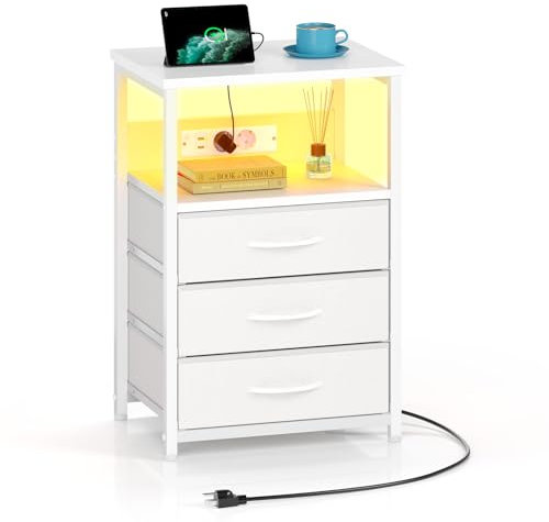 Rolanstar Nachttisch mit LED, Nachtschrank mit 3 Schubladen, Beistelltisch mit Ladefunktion, Platzsparend & Einfach Montiert für Schlafzimmer, Geeignet für Wohnzimmer, Weiß