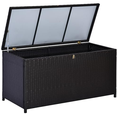 Outsunny Baule da Esterno da 284L in Rattan PE, Contenitore da Esterno con Pistoni a Gas e Telaio in Metallo, 118x54x59 cm, Caffè Scuro