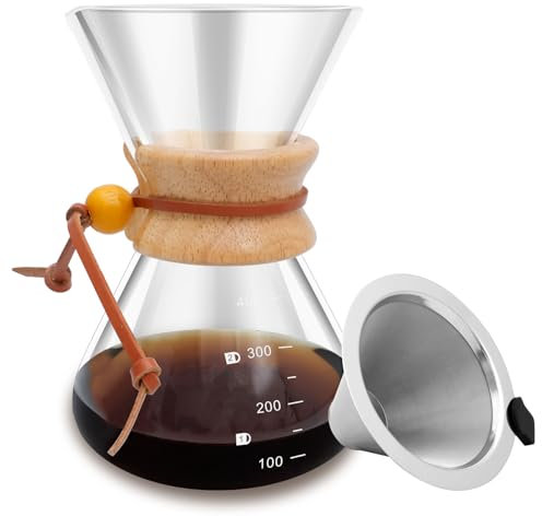 VAVPUP Pour Over - Caffettiera da 400 ml, in vetro con filtro in acciaio inox a doppio strato, resistente al calore, con manico in legno, per casa, caffetteria, ristorante e campeggio (400 ml)