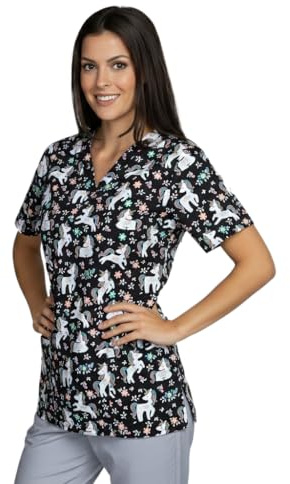 B-well Bambina Tunique à enfiler, avec manches courtes, col en V et motifs, peut être utilisée dans le domaine médicale, pour femme