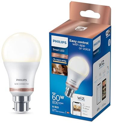 Philips Smart WiZ LED Light Bulb, Wireless, B22, 8W, Dimmable, 806 Lumens, Warm White 2700K, App & Voice Control via Apple, Alexa and Google