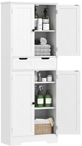 HOMCOM Meuble de Salle de Bain, Meuble de Rangement avec tiroir, Placard à Portes, étagère réglable, Armoire de Salle de Bain, Cuisine, Salon, 60 x 30 x 160 cm, Blanc