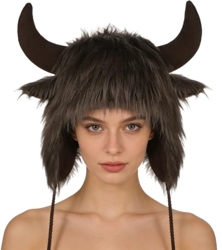 Faux Fur Horn Hat Winter Devil Horns Trapper Hat Plush Demon Earflaps Cap Novelty Animal Cow Ox Horn Buffalo Ears Beanie Cap Halloween Carnival Cosplay Party Fancy Dress Costume for Men Women Brown