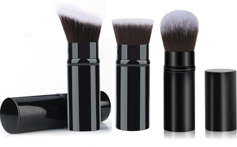 3-Piece Portable Makeup Brush Set - Retractable Kabuki Brushes for Foundation Powder Blush - Soft Vegan Bristles with Travel Case - Face Cosmetic Tools for Women & Everyday Beauty Routine